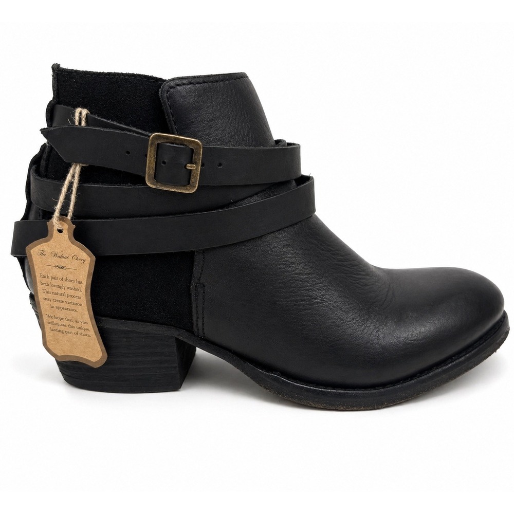 H By Hudson Horrigan Black Leather Ankle Booties Wrap Strap Buckle Women's NWT 7